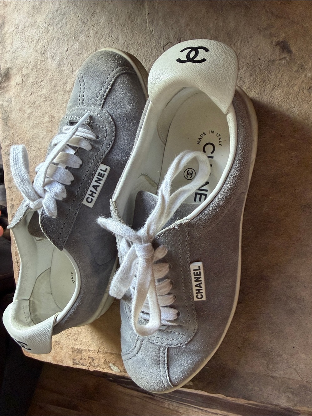 CHANEL Gray Suede Lace-Up Sneakers with White Heel CC